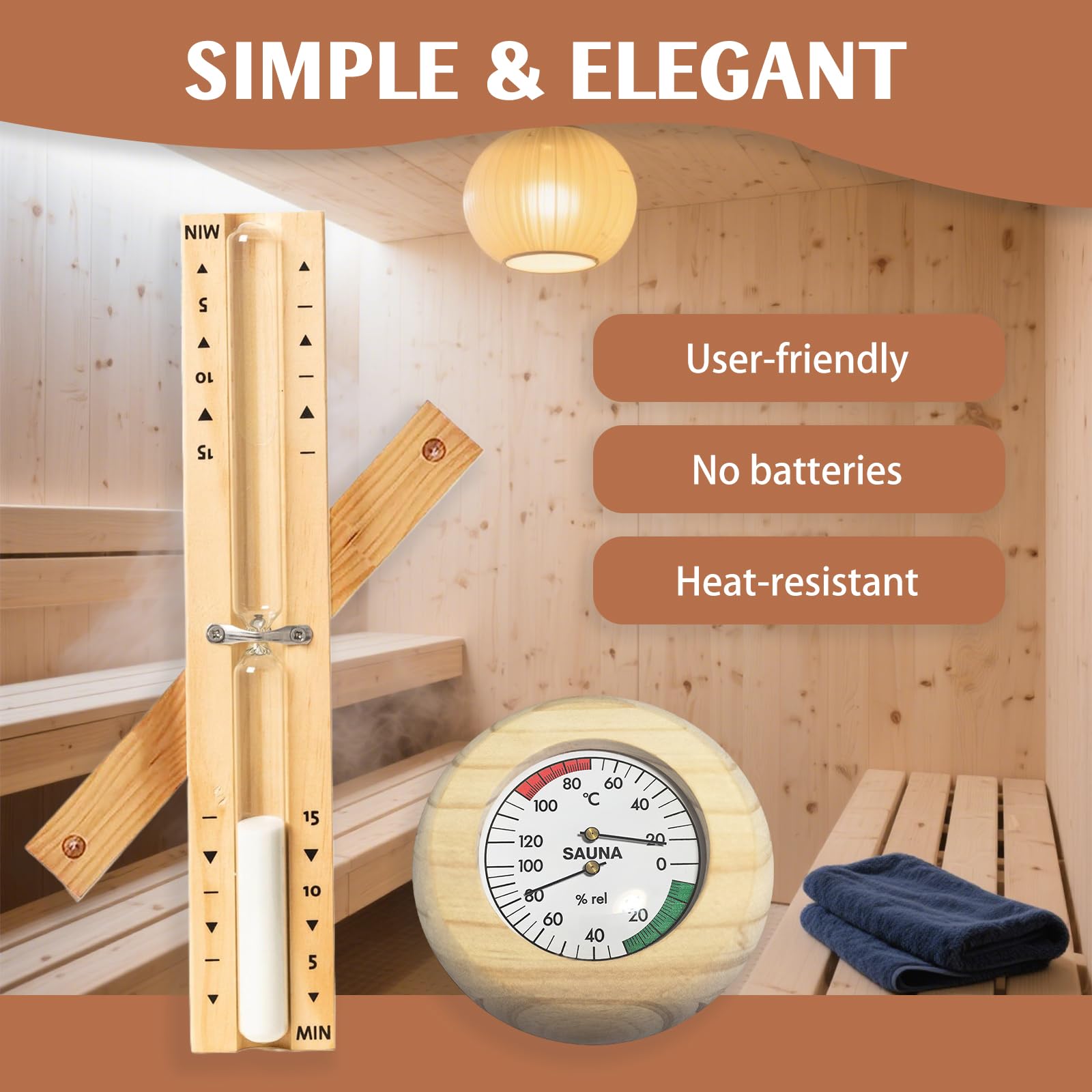 2 PCS Sauna Thermometer Digital, Drehung Der Sauna Sanduhr 15 Minuten+saunathermometer Holz 20-100°C, Können Zusammen Verwendet Werden, Wandmontage Mit 2 Edelstahl Schrauben