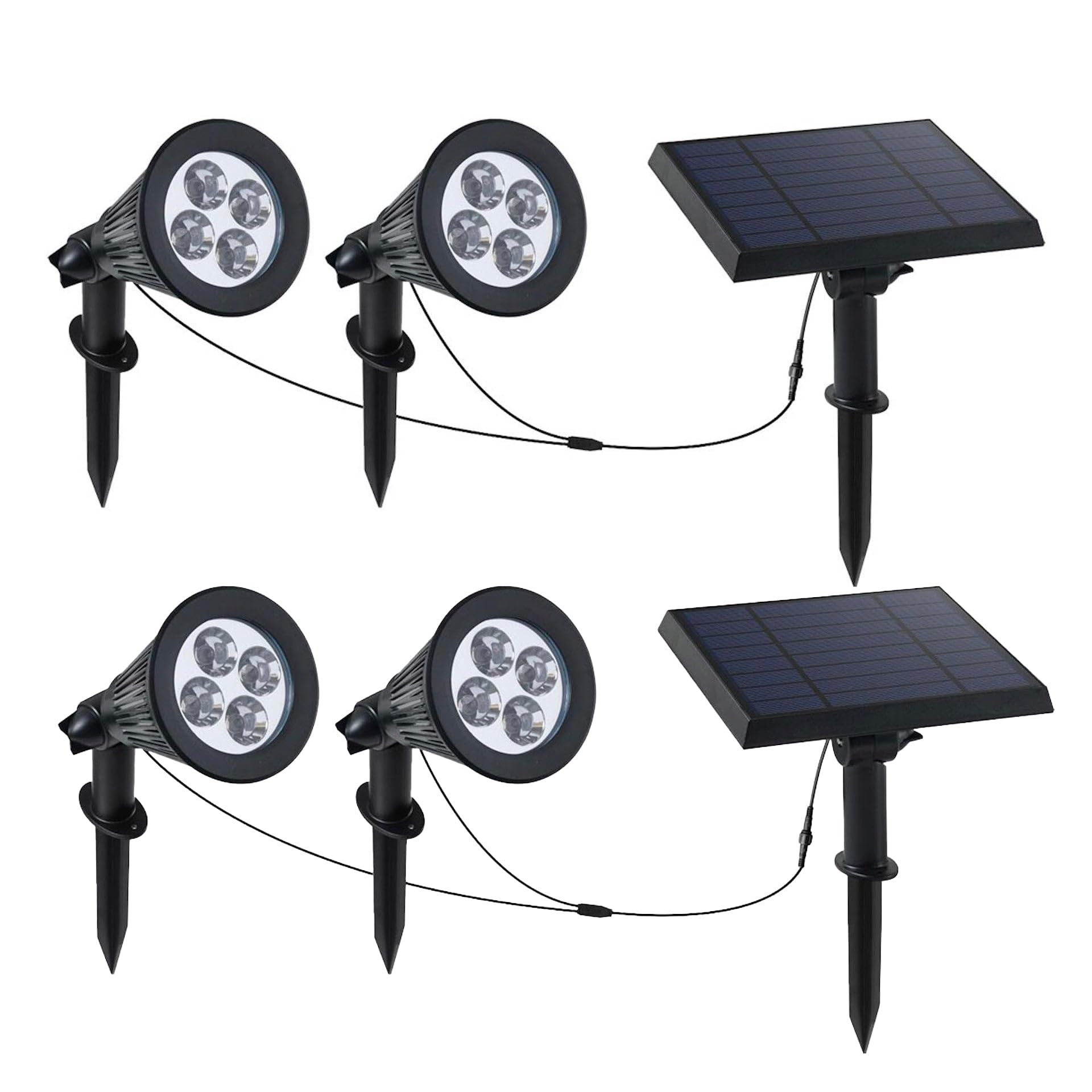 Lumisky Lot de 2 double spot solaire relié avec panneau solaire déporté 2 en 1 à piquer ou à fixer éclairage puissant LED blanc dimmable FAMILY SPIKY H38cm