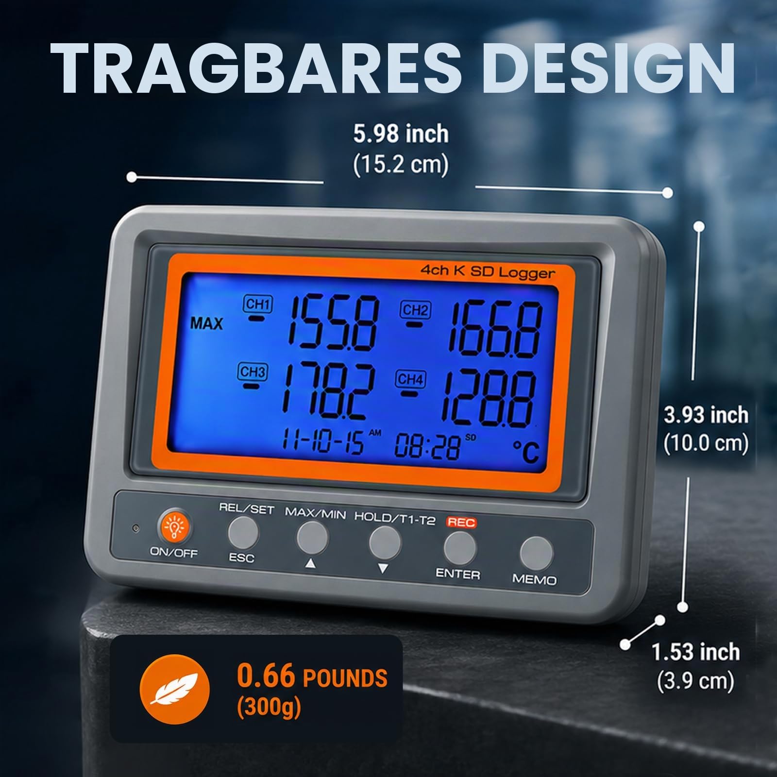 Digitales 4-Kanal-Thermoelement-Thermometer mit SD-Karte, Datenlogger-Funktion, programmierbarer Alarm für hohe/niedrige Grenze, Mehrkanal-Temperatursensor, Temperaturrekorder