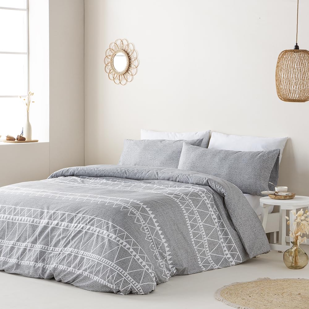 Funda Nordica Reversible Navia Gris Cama de 90 Cierre con Botones HIPOALERGENICA