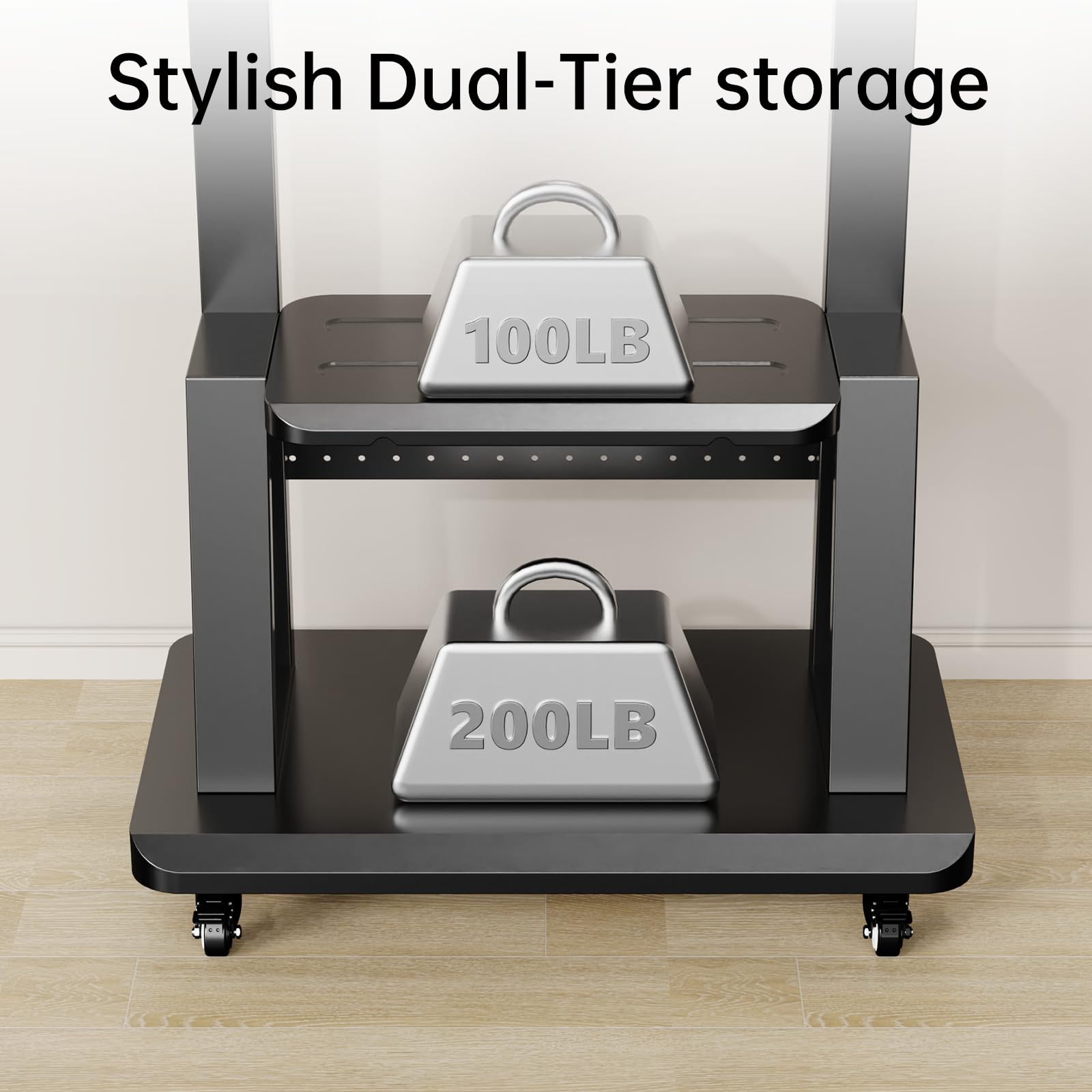 Soporte de TV móvil con ruedas para TV de 32 a 75 pulgadas plano/curvado/LCD/OLED, soporte portátil de suelo con estante de acero y plataforma de agujero, altura ajustable soporta hasta 180 libras