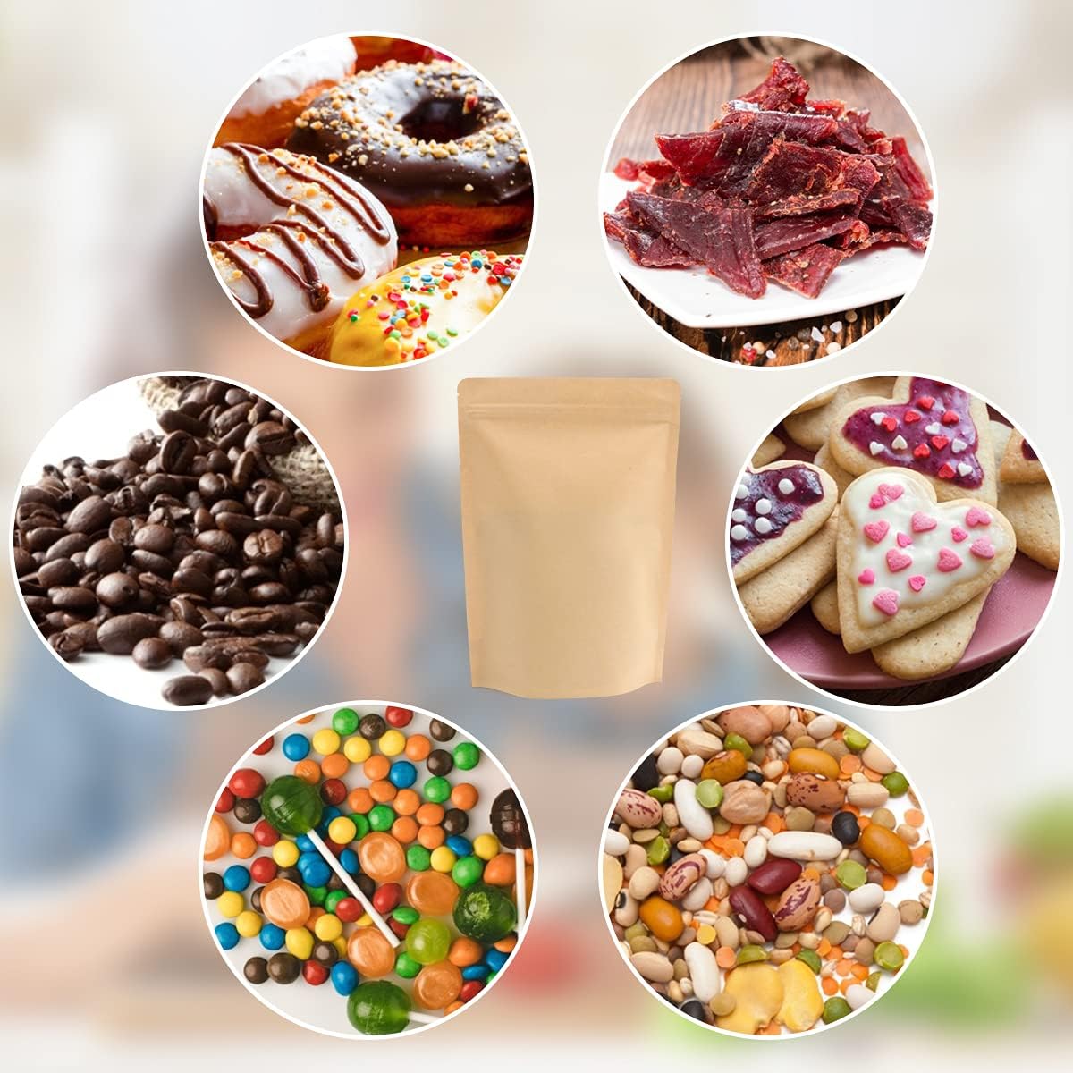 SumDirect Kraft Stand Up Pouches - 50 Pack 7x12 Inch Zipper Food Storage Reusable Bags with Foil Lined for Home or Business