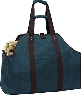 MYFIREPLACEDIRECT Bolsa de lona encerada para transportar leña, extra grande, duradera, con asas y correa para el hombro, color azul oscuro