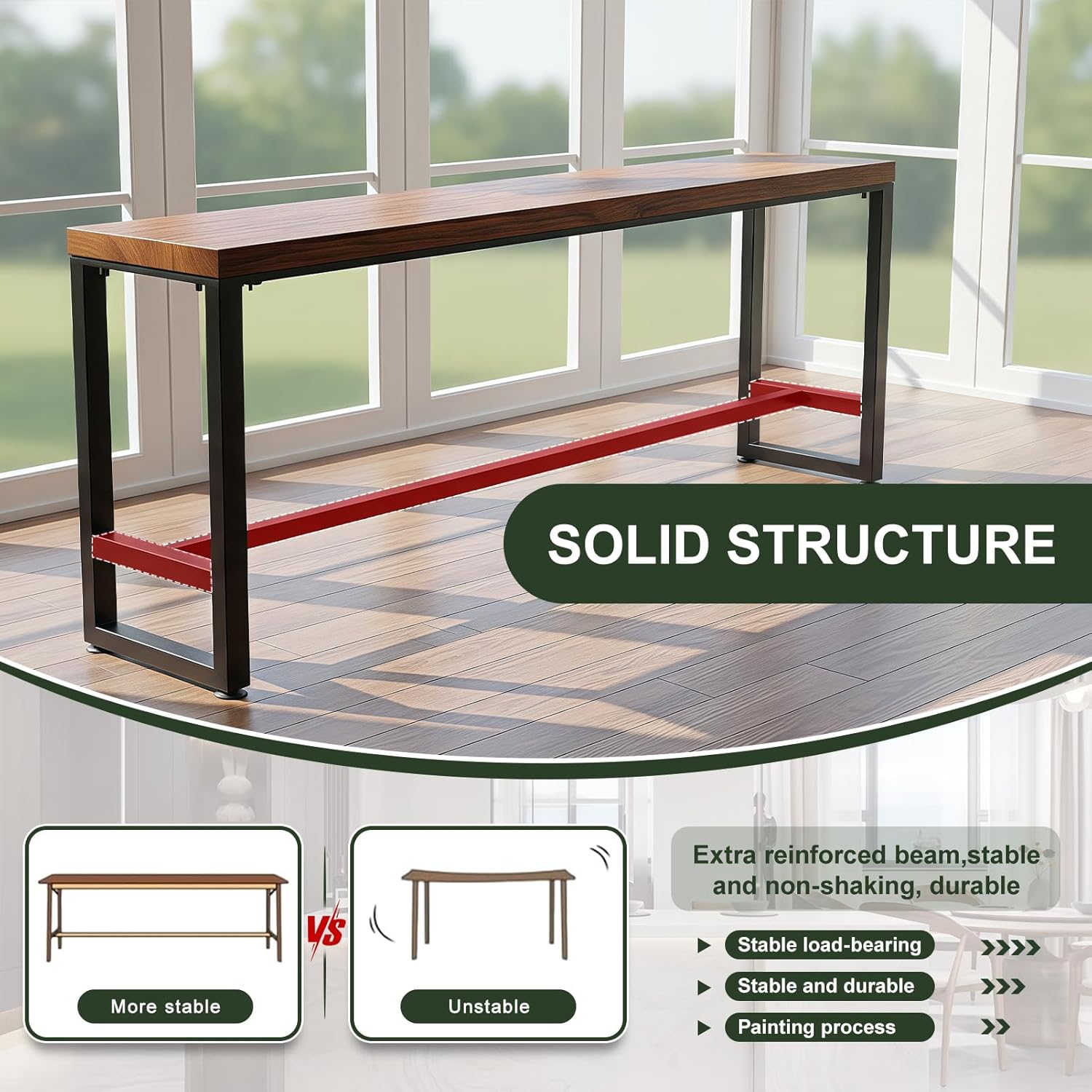 Farmhouse Bar Height Table, Solid Wood Long Bar Table, Industrial Pub Table, Narrow High Top Counter Height Dining Tables for Kitchen, Coffee Shop, Rectangular, No Stools (47.2"L x 15.7"W x 41.3"H)