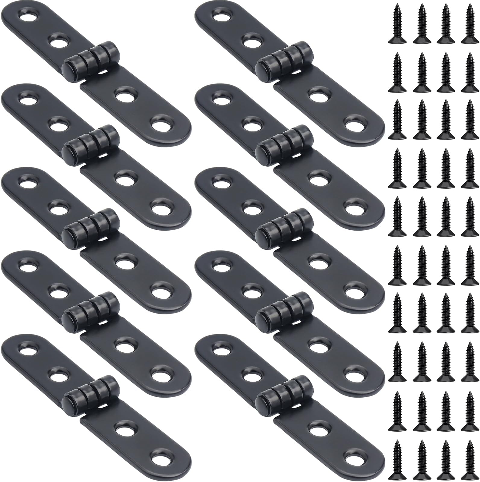 10pcs 180 Degree Folding Flip Hinges,Door Hinge Round Edge with 40 Screws Heavy Duty Strap Hinges for Folding Tables, Wardrobe, Cabinets, Wooden Boxes,Sewing Machine (Black)