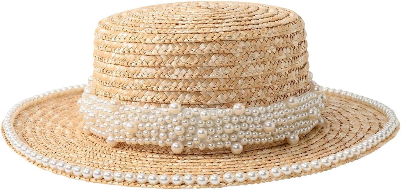 Women's Straw Sun Hat with Pearl Embellishment, Boater Style, Wide Brim