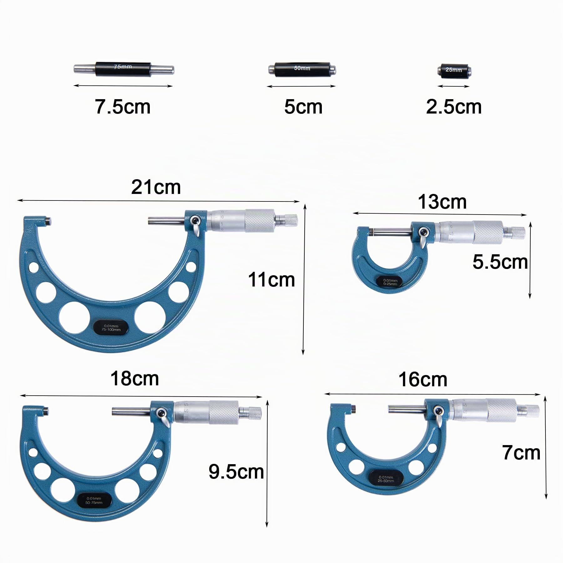 Beslands Micrómetro Métrico Externo, Juego de 4pz, Diámetro externo de 0-100mm, 0-25mm, 25-50mm, 50-75mm, 75-100mm