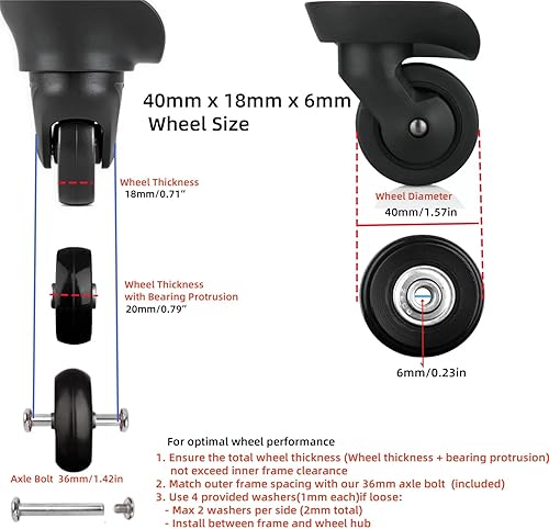 Miniatura 2 de Kit de repuesto de ruedas de equipaje de 1.575 in, rodamientos 608ZZ de 0.236 in, resistentes al desgaste, poliuretano termoplástico, mudo de