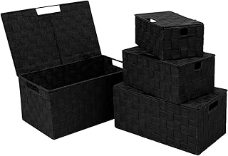 Woven Storage Baskets Boxes Bins, Storage Baskets with Lids, Woven Strap Baskets, Nylon Woven Storage Baskets Bin, Built-in Carry Handles (Black Set of 4)