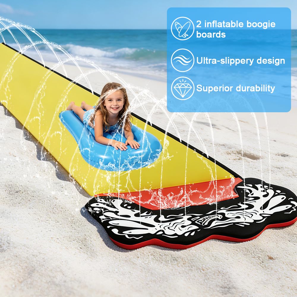 Toboggan Aquatique, 480 x 71 cm Toboggan pour Pelouse avec 2 Planches Gonflables, Toboggan de Pelouse d'été avec Arroseur Intégré pour Pelouse et Jeux d'eau en Extérieur