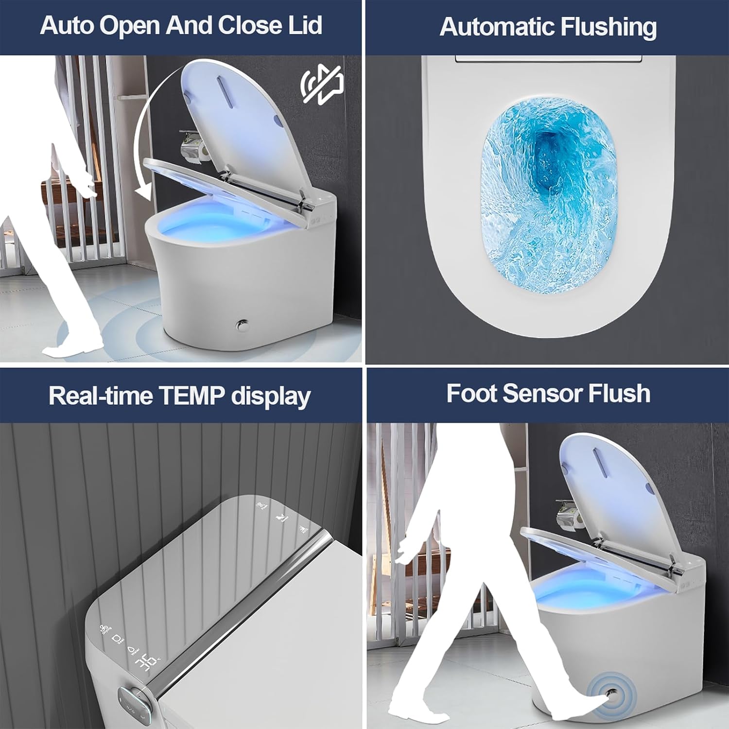 Images depicting the warm air dryer with 4-gear adjustable temperature and the heated seat with 4-gear adjustable temperature.