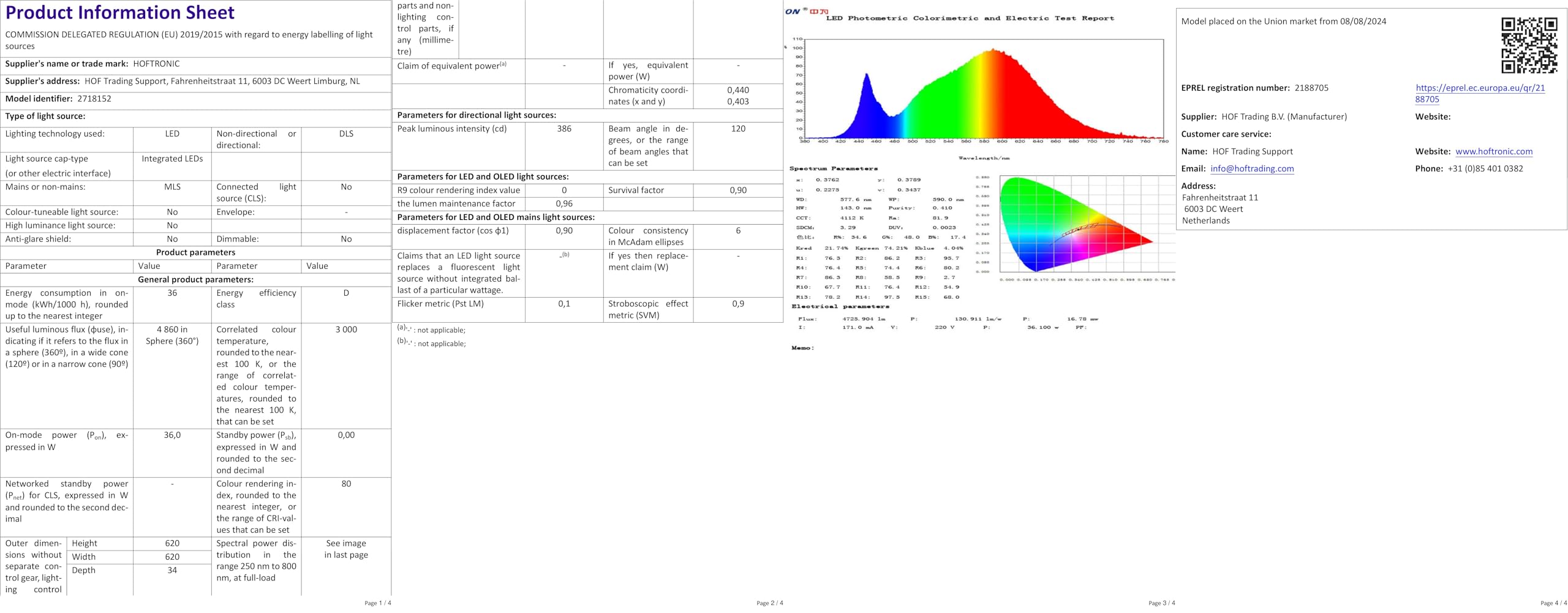 HOFTRONIC - LED Panel 62x62-3000K Warm white - 36 Watt 4860 Lumen ...