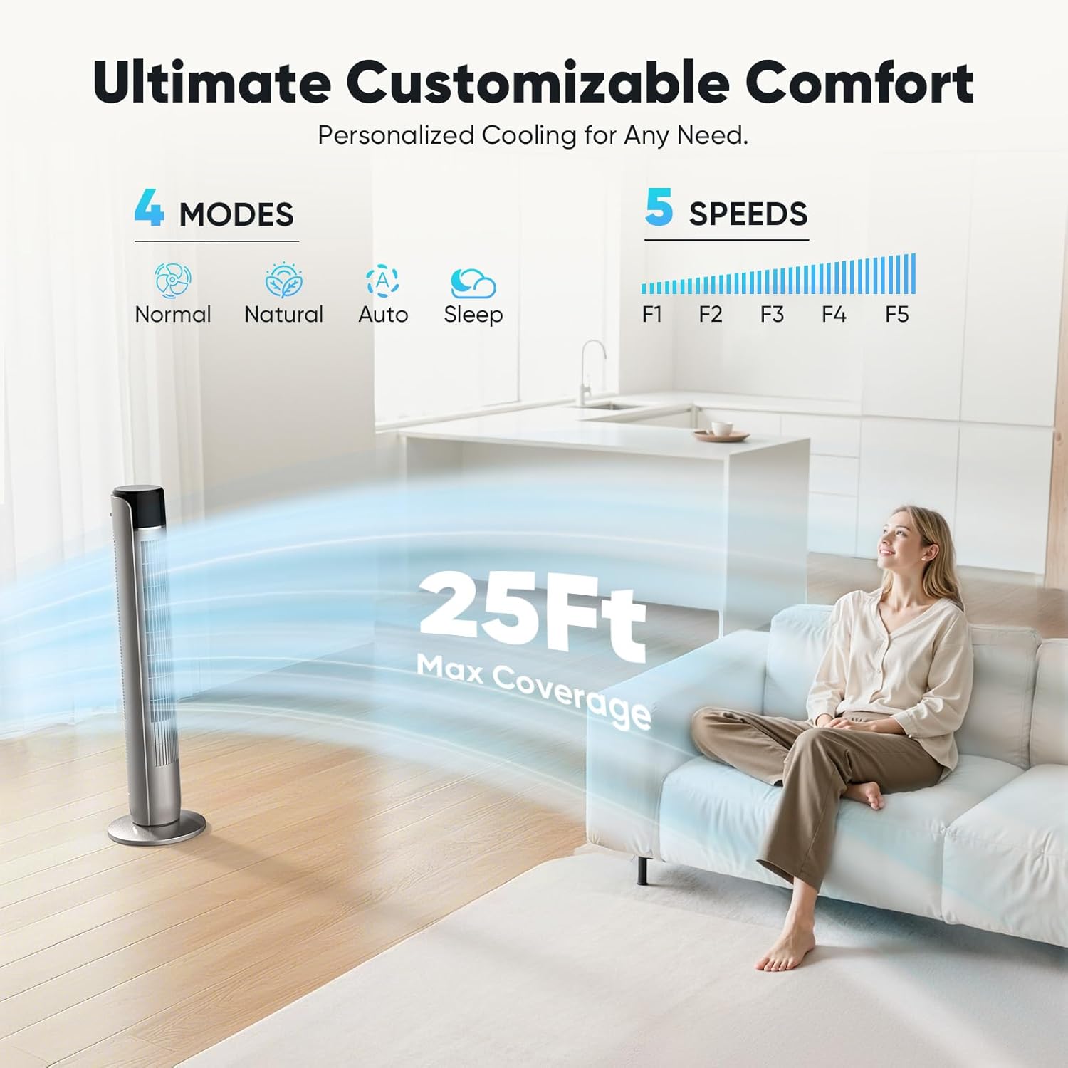 OLIXIS Tower Fan for Bedroom, 60°Oscillating Fan with Remote, 25ft Far, 28dB Quiet Electric Standing Fan, 12 H Timer, 5 Speeds, 4 Modes, Bladeless Floor fan for Home, Office, Indoor, 36 Inch