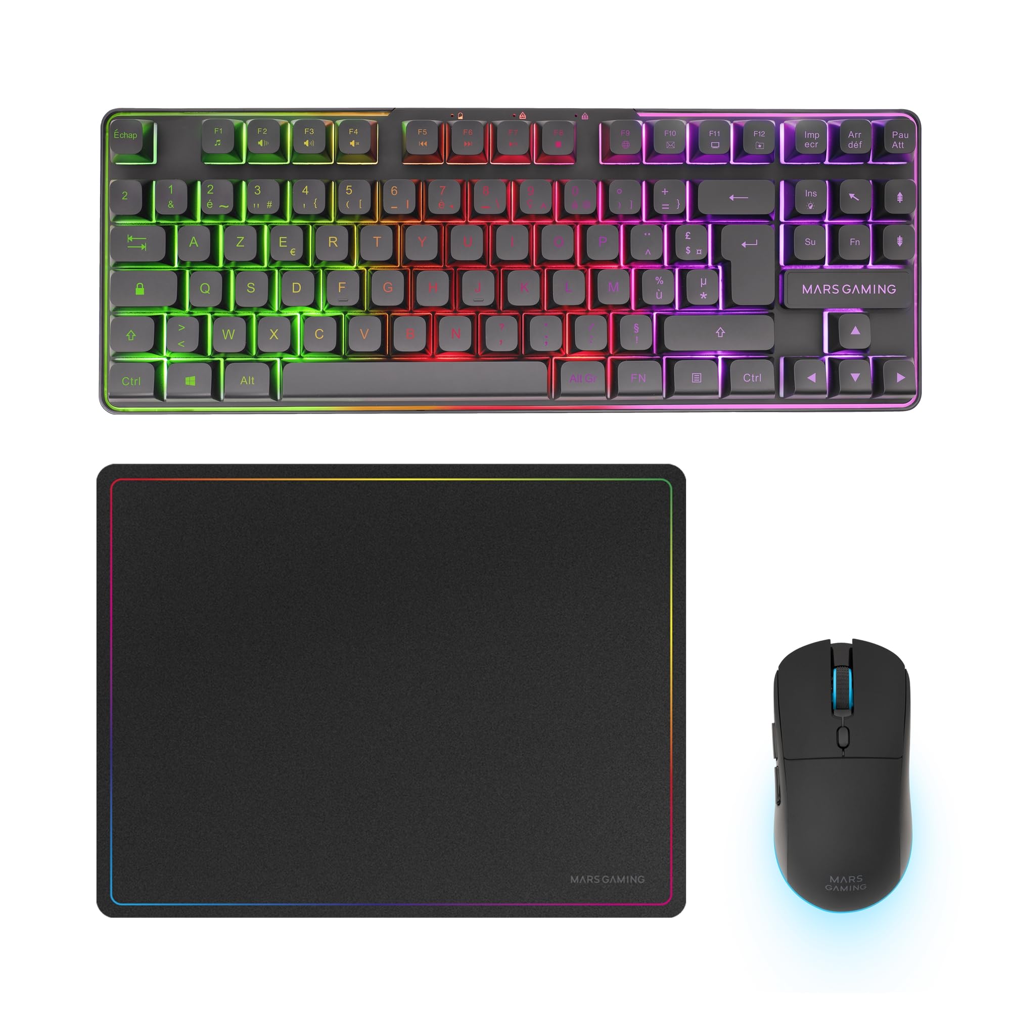 Mars Gaming MCPWTKL, Francés, Combo Gaming Inalámbrico, Tecnología DualPro Link 2.4GPRO, Teclado TKL FRGB Rainbow + Ratón RGB 3200DPI y Switches HUANO + Alfombrilla Antideslizante 360x260mm, Negro