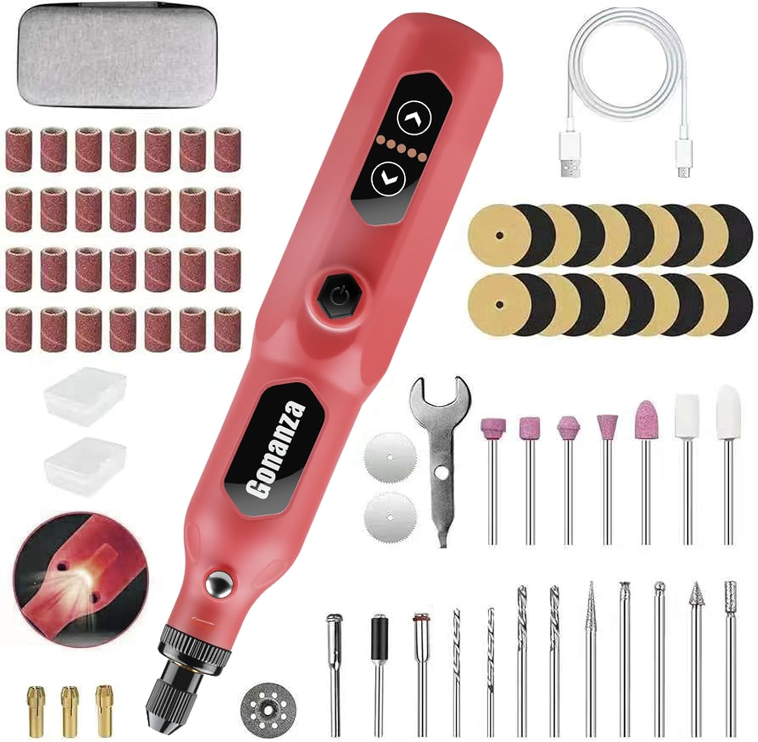 GONANZA Mini Cordless Rotary Tool Kit with Case & 78 Pcs | 5-Speed Variable Speed, LED Light | USB-C Rechargeable for Grinding, Polishing, Engraving, Sanding & Detailed DIY Crafts