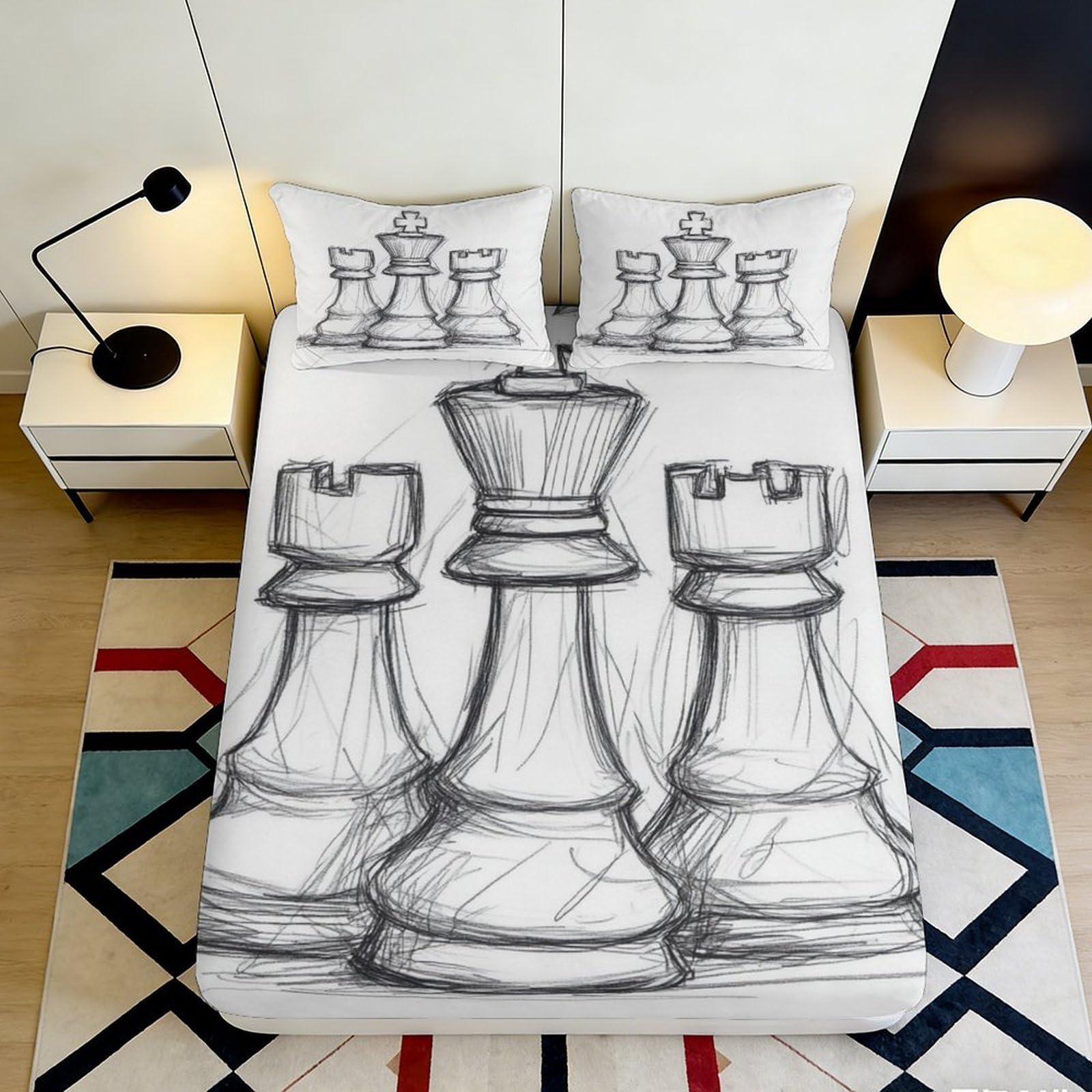 3D Printed Chess King Fitted Sheet Microfiber Soft Breathable Chess Rook Mattress Cover for Bedroom Dorm Guest Room Decor 90x200x25cm