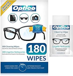 Optico Pre-Moistened Lens Cleaning Wipes - [5 x 3.5 Inches - 180 Wipes] Premium Quality Cleaner for Eyeglasses, Screens, and Cameras - No Spray Bottle Needed, Streak & Lint Free, Individually Wrapped
