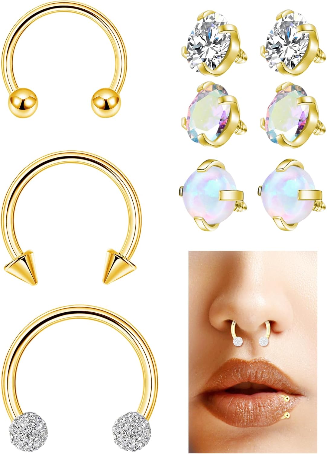 16G 18G G23 Titanium Septum Nose Rings for Women Men Horseshoe Nose Ring for Sensitive Skin Internally Threaded Opal Ball Spike CZ Helix Daith Cartilage Tragus Hoop Earrings Lip Piercing Jewelry