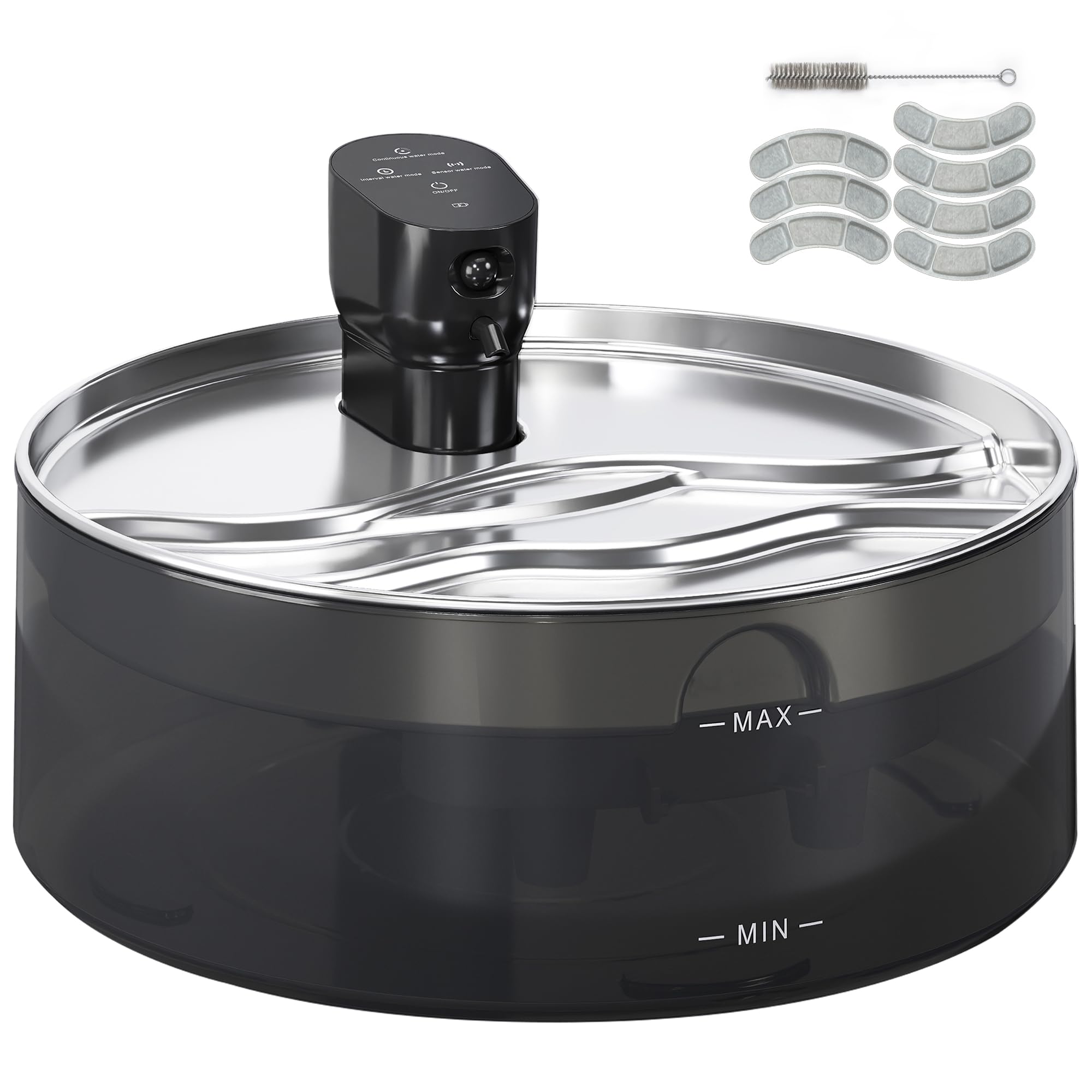 PawHut Fuente de agua para gatos de 7 l, acero inoxidable con bomba silenciosa, ventana de nivel de agua, filtro de carbón activo, sensor de movimiento, sistema de filtro, funciona con pilas, fuente