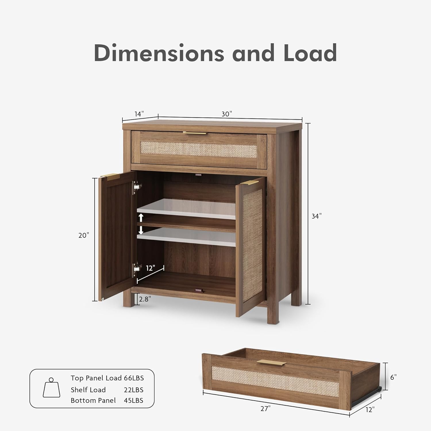 Sideboard Buffet Cabinet with Storage - 30" Rattan Boho Console Cabinets with Drawers, Mid Century Coffee Bar Cabinet for Entryway Living Room, Caramel Oak, Two Doors, Set of 2