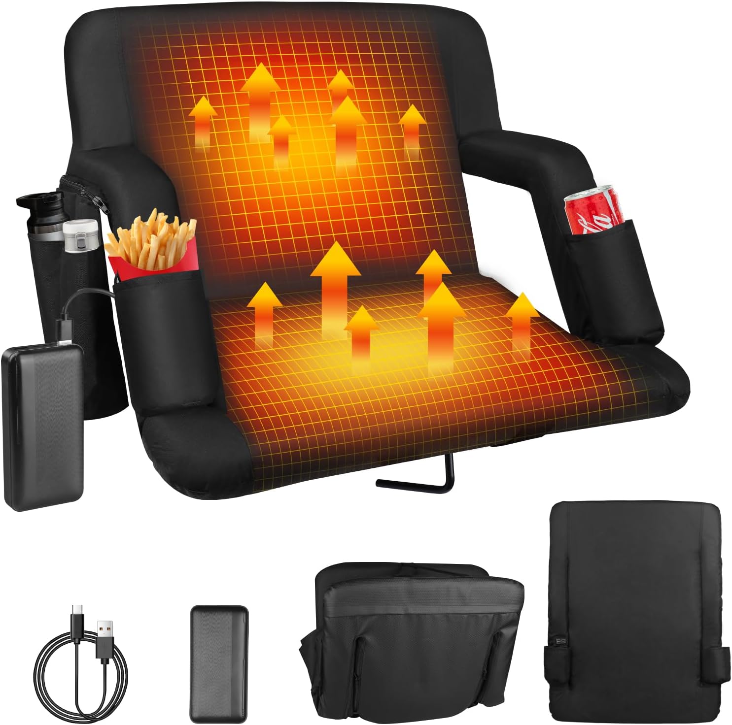 Heated Stadium Seats for Bleachers with Back Support Bleacher Chair with 20000mAh Battery 3 Levels Heating Stadium Chair with 6 Reclinng Positions 3 Pockets Portable Waterproof (20/25 Inch) 25 Inch Black 1 PCS