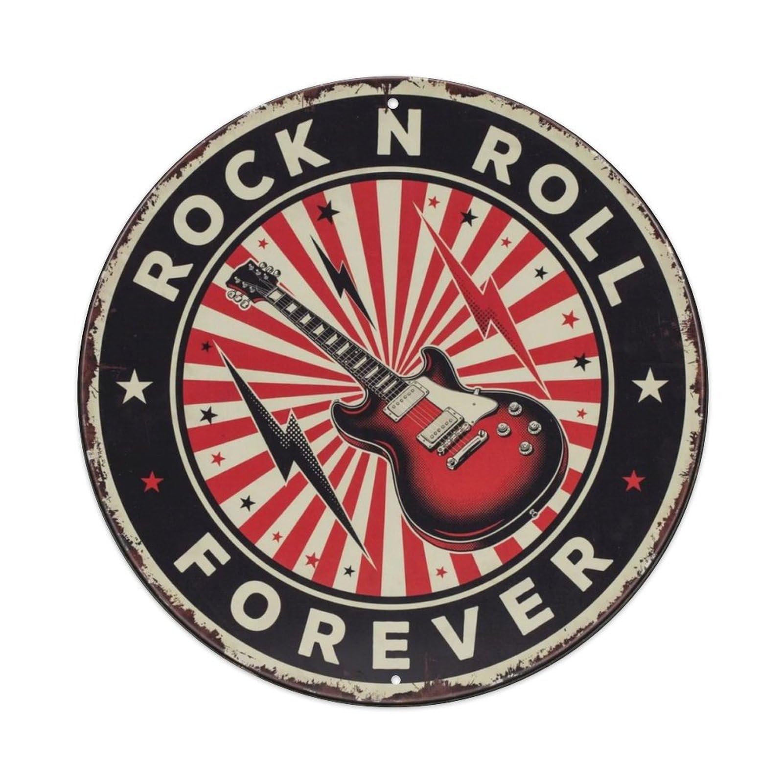 Rock N Roll Electric Guitar Round Metal Tin Sign Plaque