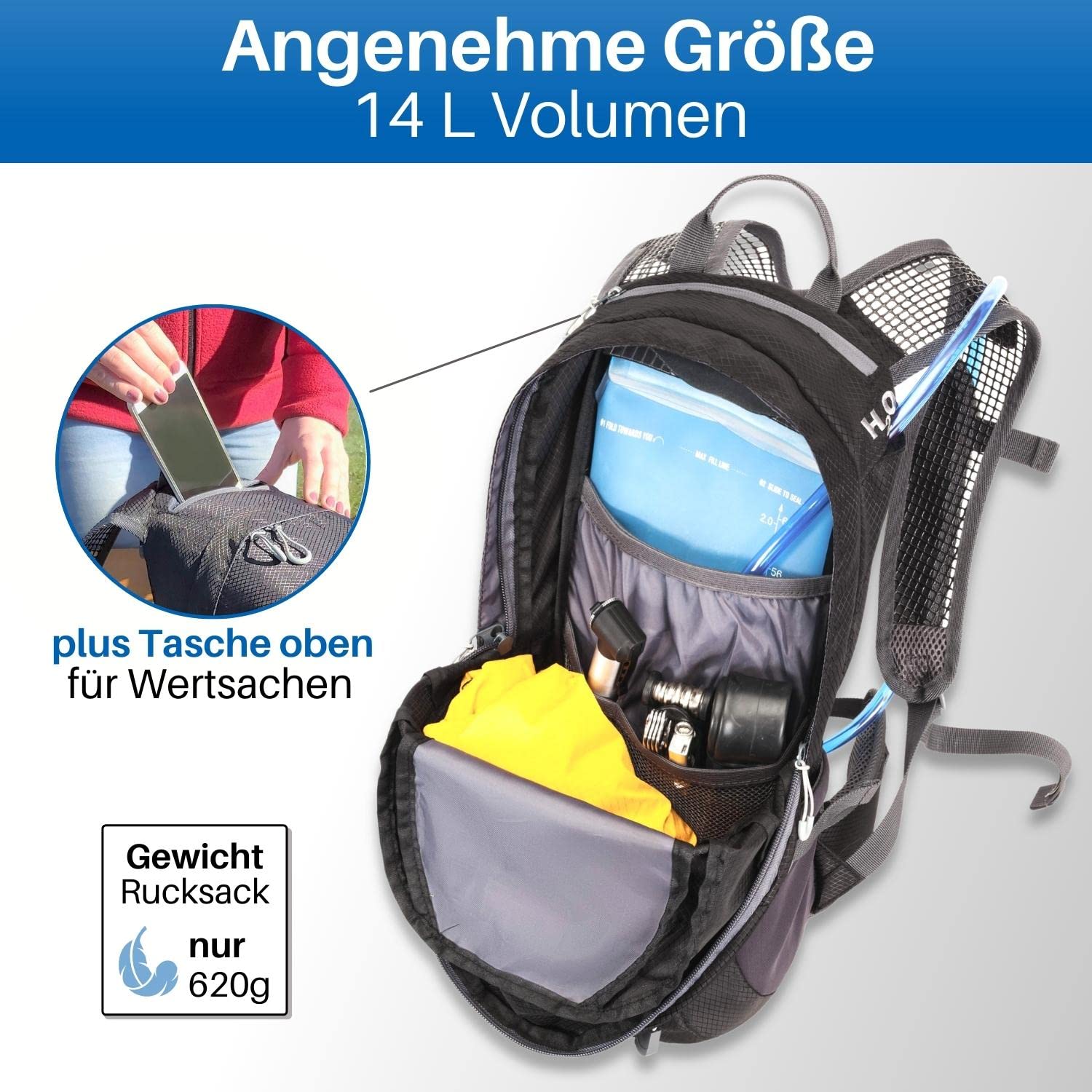 HiLo sports Radrucksack Allrounder 14 Liter - Fahrradrucksack mit Rücken Ventilationssystem - Wasserabweisender MTB Rucksack Sport - Tages Rucksack