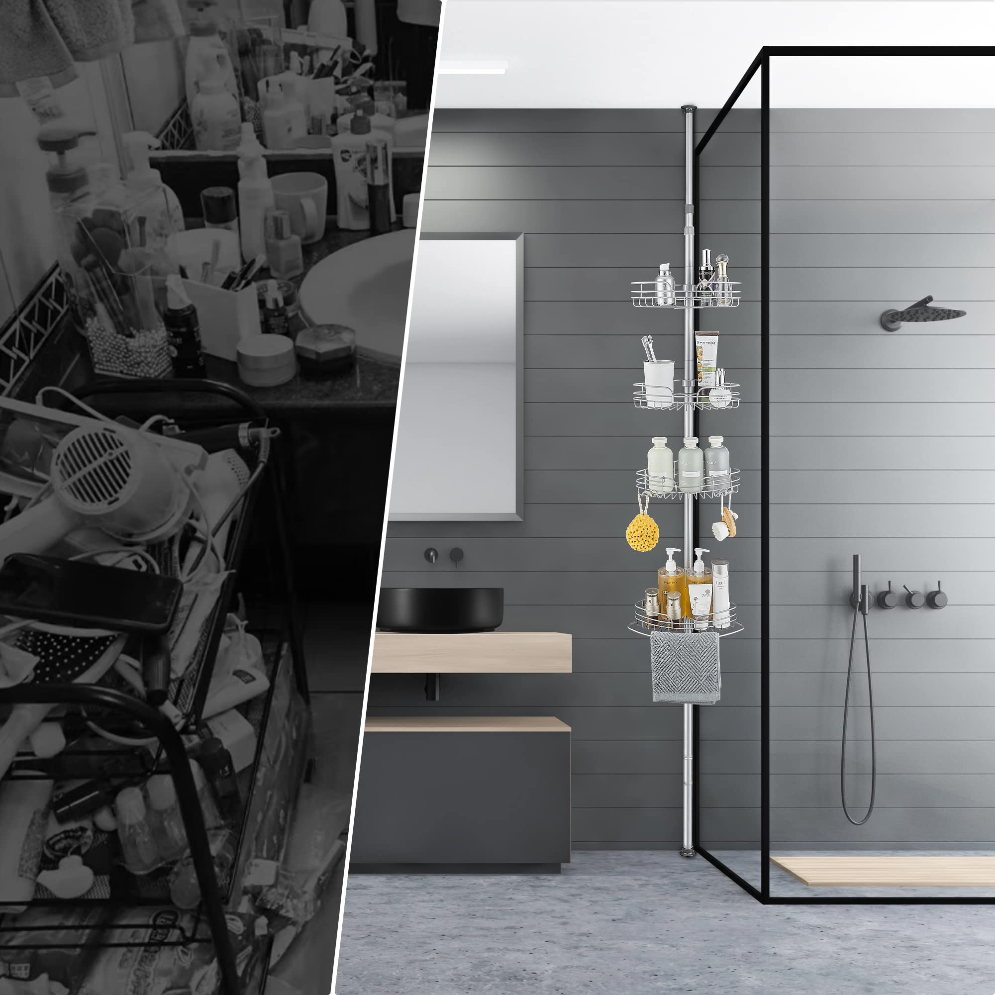 DUFU Teleskop Duschregal Metall Eckregal mit 4 Körben Rutschfestes Stabiles Bad Badregal Ohne Bohren Höhenverstellbar 73-265cm für Dusche und Badewanne Grau