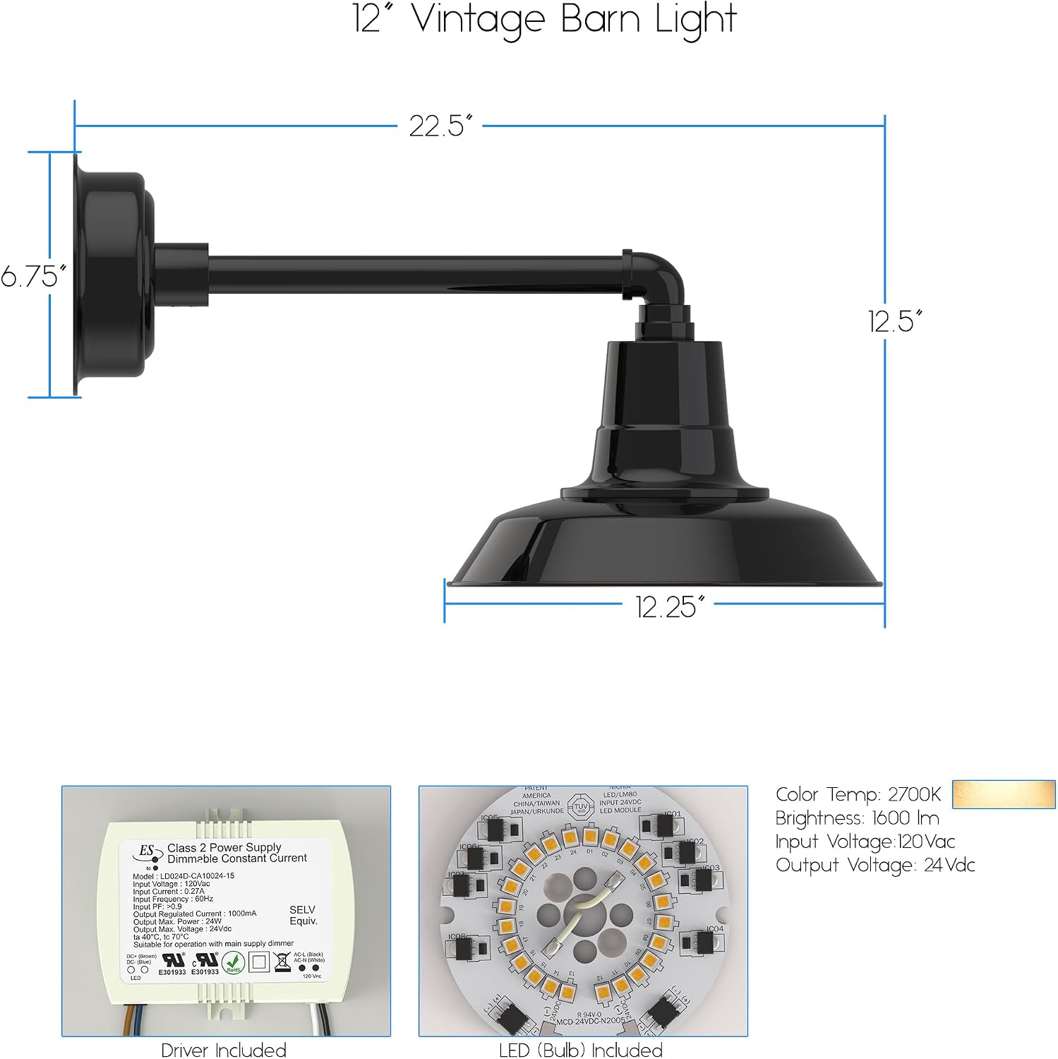 Cocoweb 12" Vintage Gooseneck Barn Light with Metropolitan Arm in Black
