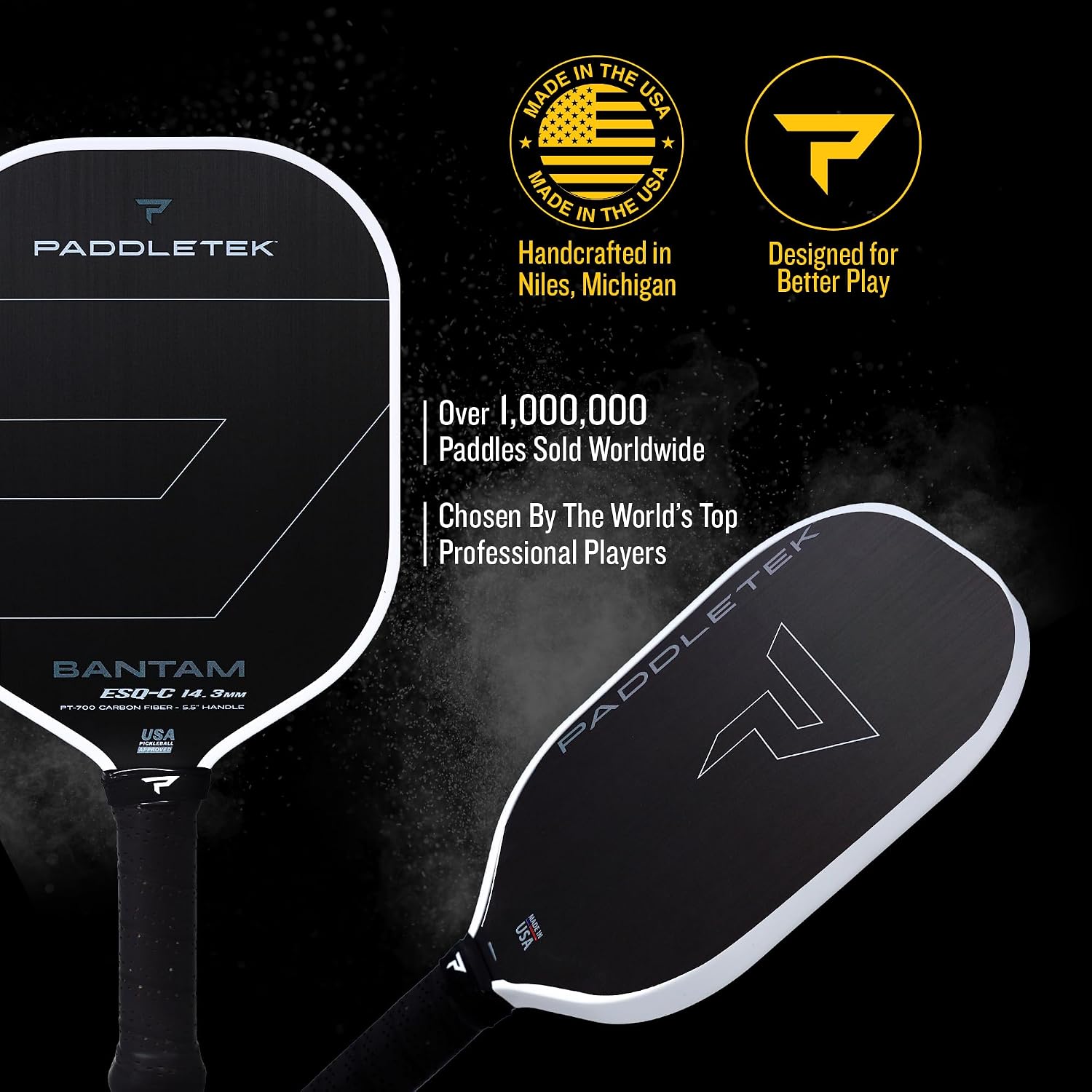 Paddletek Bantam ESQ-C 14.3mm Pickleball Paddle with Polymer Honeycomb Core - Unidirectional RAW Carbon Fiber Pickleball Paddle – Torsional Weighting & Performance Grip - USAPA Approved - 5.5" Handle
