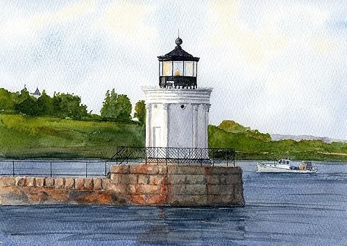 Portland Breakwater Lighthouse, Maine. Neoclásico "Bug Light" en Casco Bay. Impresiones artísticas de acuarela mate de Rob Thorpe (5 x 7)
