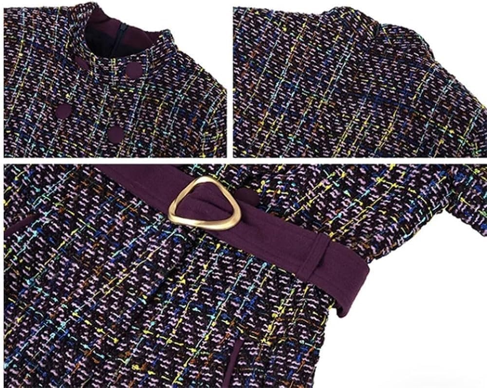 Women's Vintage Plaid Tweed Dress Stand Neck Long Sleeve Slim Slit Midi Dresses for Commute Office Work