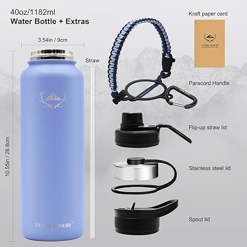 Miniatura 6 de NATURE PIONEOR Botellas de agua aisladas con mango de paracaídas, botella de agua deportiva al vacío de 40 onzas de boca ancha con 3 tapas, acero