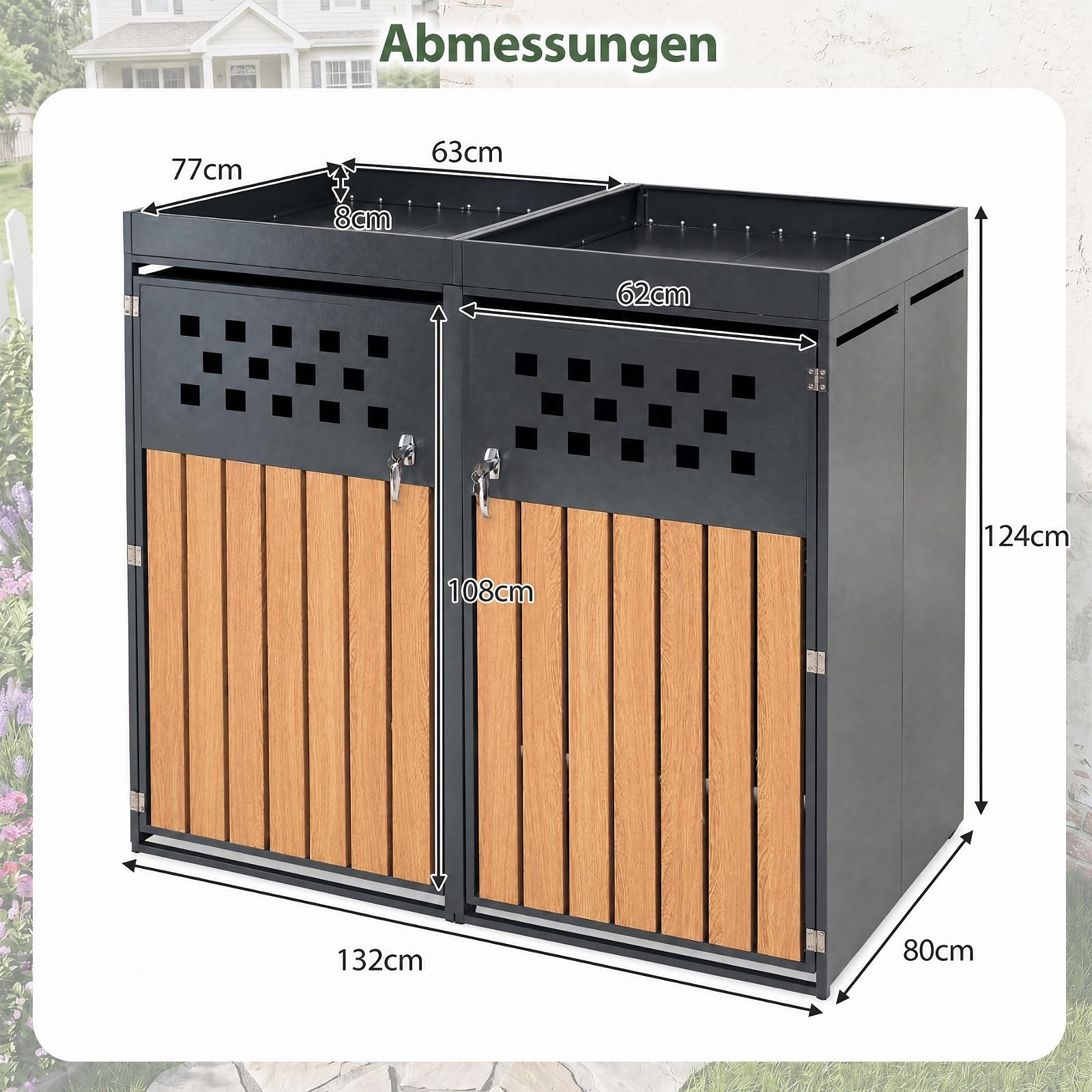 COSTWAY Mülltonnenbox 2er für 2 Tonnen aus verzinktem Stahl mit Pflanzdach | Mülltonnenverkleidung mit abschließbarem Griff, verstellbaren Fußpolstern & Sichtstreifen in Holzoptik, 132 x 80 x 124 cm