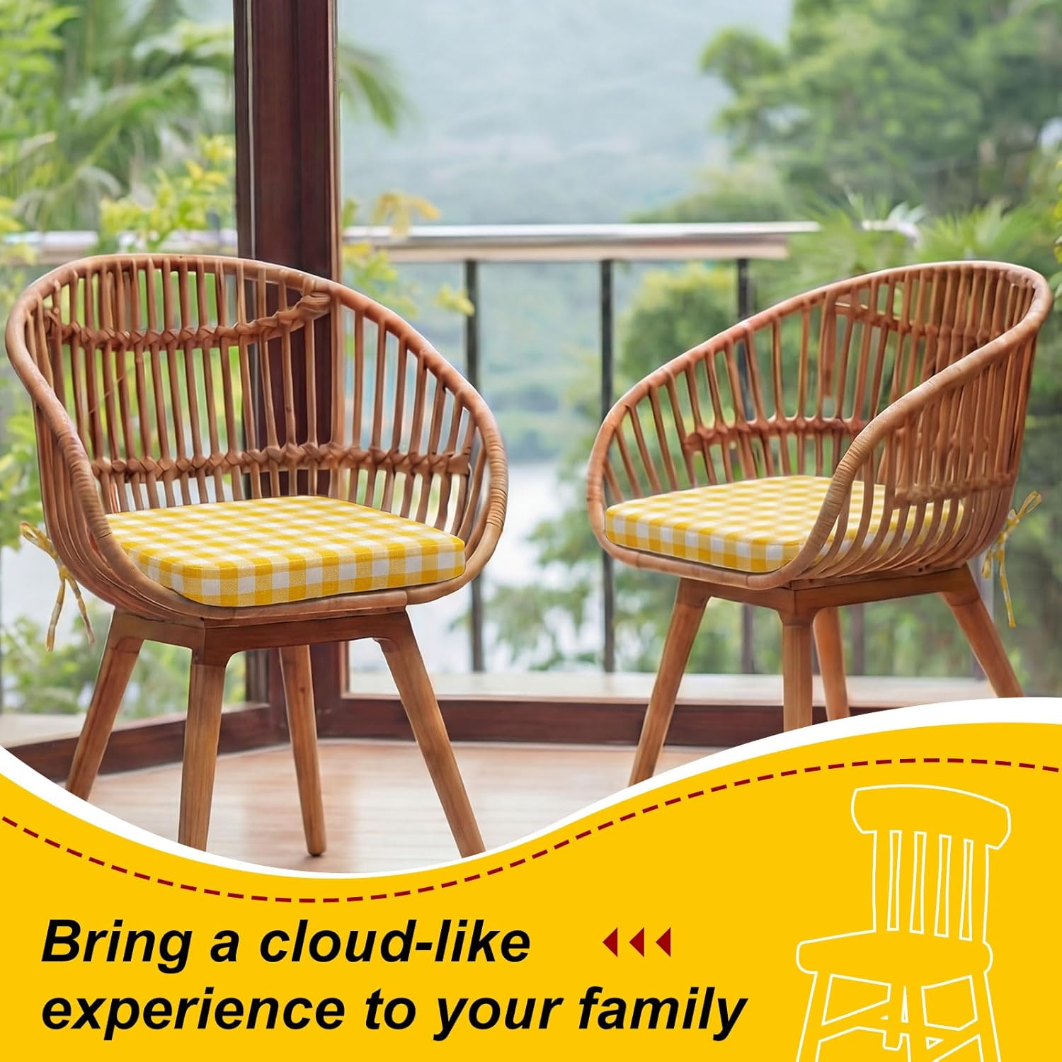 Geetery 4 Pack D-shaped Checkered Chair Cushion for Dining 17"x16"x2" Thick Buffalo Plaid Nonslip Chair Pad with Ties and Removable Cover for Home Outdoor Patio Room Indoor Seat Cushion (Yellow White)