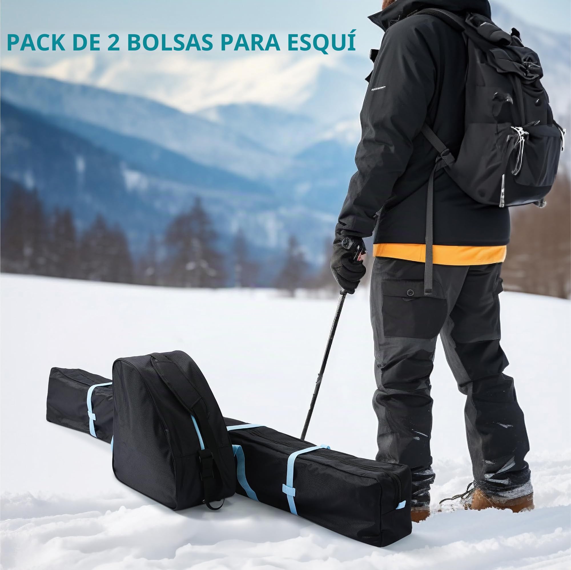Navaris Bolsa Botas Esqui y Funda esquis - Set de 1x Bolsa para Botas de Esqui y 1x Bolsa esquis 170 cm - Funda con Bolsillo con Cremallera y Correa para el Hombro