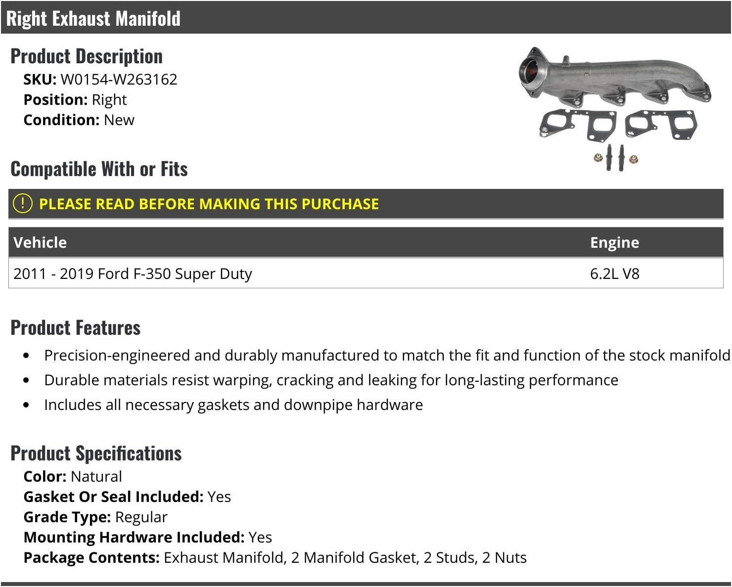 Right Passenger Side Exhaust Manifold - with Manifold Gasket, Studs, and Nuts - Compatible with 2011-2019 Ford F-350 Super Duty 6.2L V8