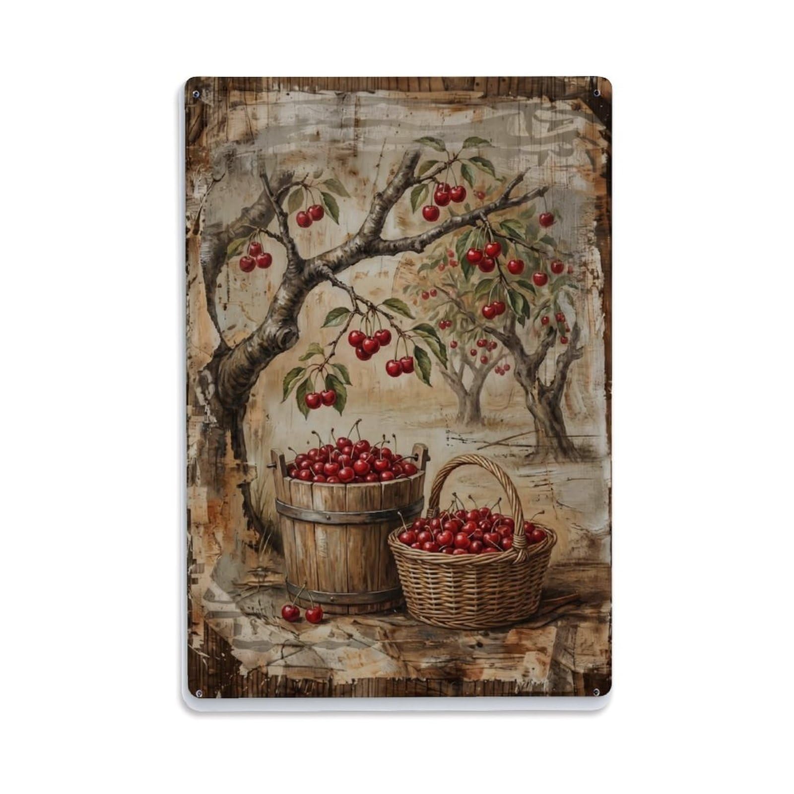 Cherry Orchard Harvest Red Fruit Countryside Picking Vintage Metal Tin Sign Plaque Wall Decor for Cafe, Club, Garden Metal Poster 8x12Inch