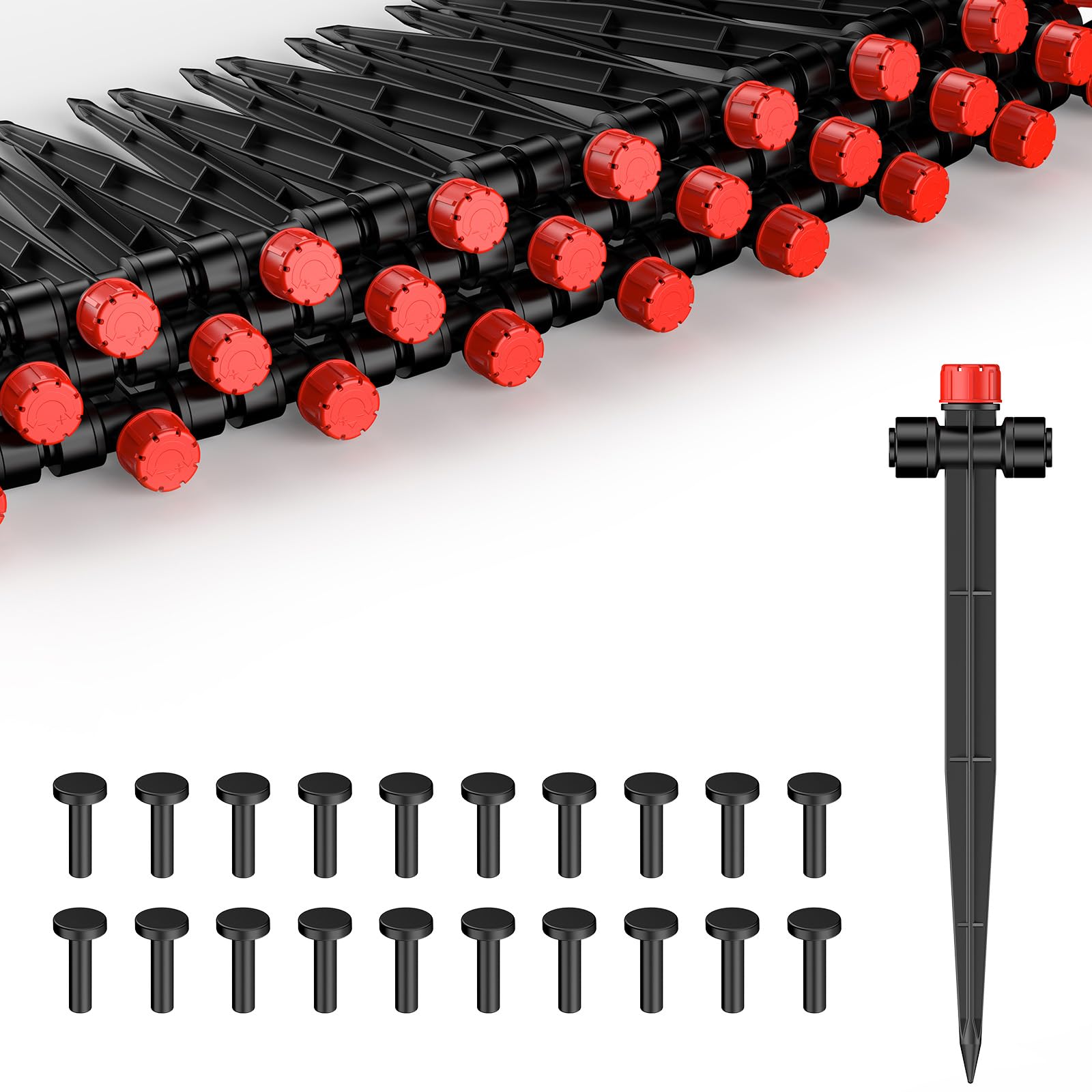 Pawfly 60 Pcs Push-to-Fit Drip Irrigation Emitters for 0.64 CM Tubing, Two-Way Connection Irrigation Drippers with Adjustable Water Flow, 8-Stream Sprinklers Drip Emitters with Stake & End Plugs