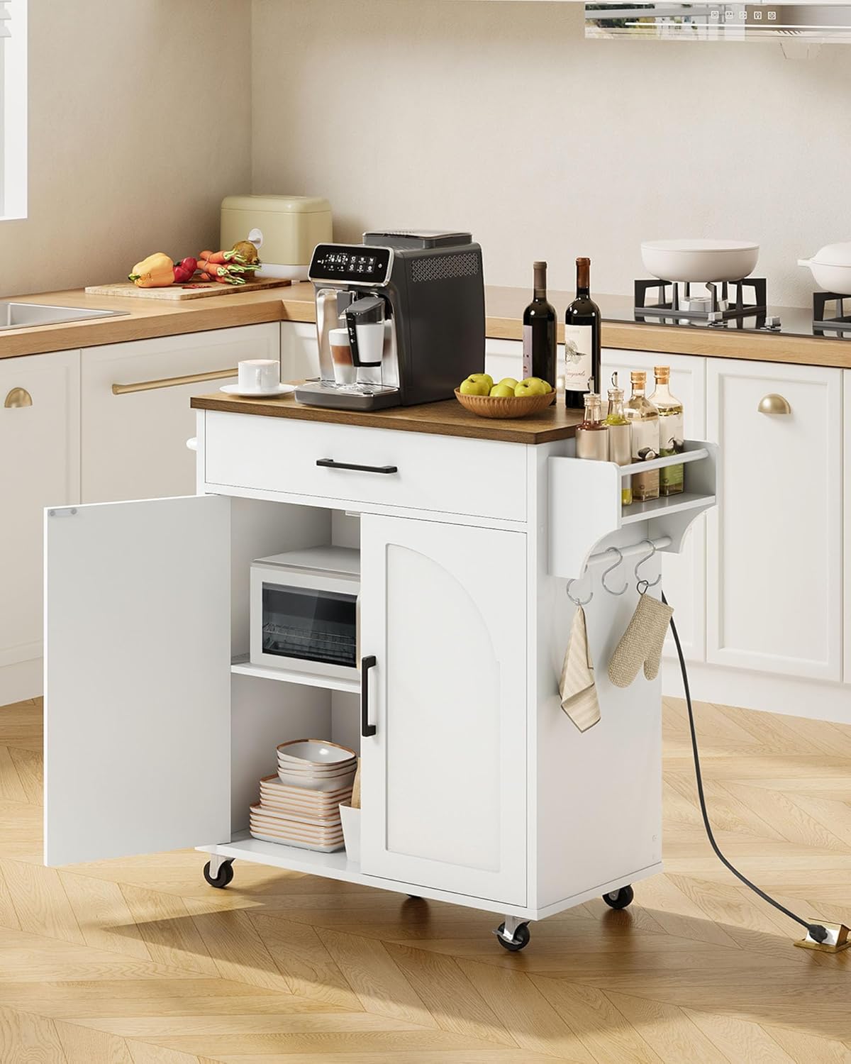 Kitchen Island, Kitchen Island Cart with Storage and Charging Station, Rolling Kitchen Table with Spice Rack, Mobile Buffet Server Bar Table, for Kitchen, White and Walnut MZD05UWL