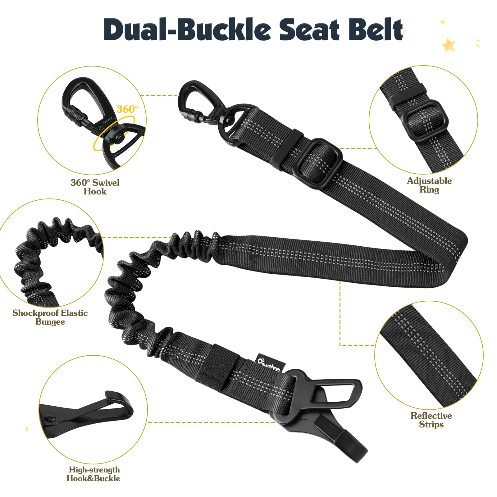 Pawaboo Dog Seat Belt Harness for Car, Dog Car Harness Seatbelt with Double Clips, Adjustable Breathable Pet Vest & Dogs Safety Tether with Elastic Bungee for Small Medium Large Pet, L, Black - image 3