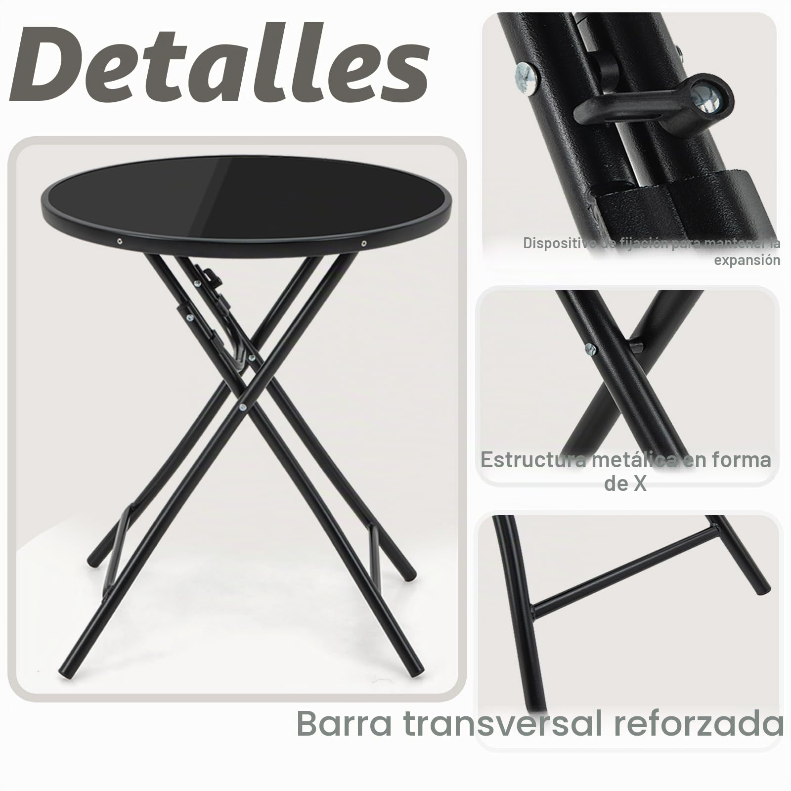 KOMFOTTEU Mesa Plegable de Jardín, Mesa Redonda de Vidrio Templado, Mesita Auxiliar con Marco de Metal, para Terraza, Porche, Piscina, Ø59 x 67 cm, Negro