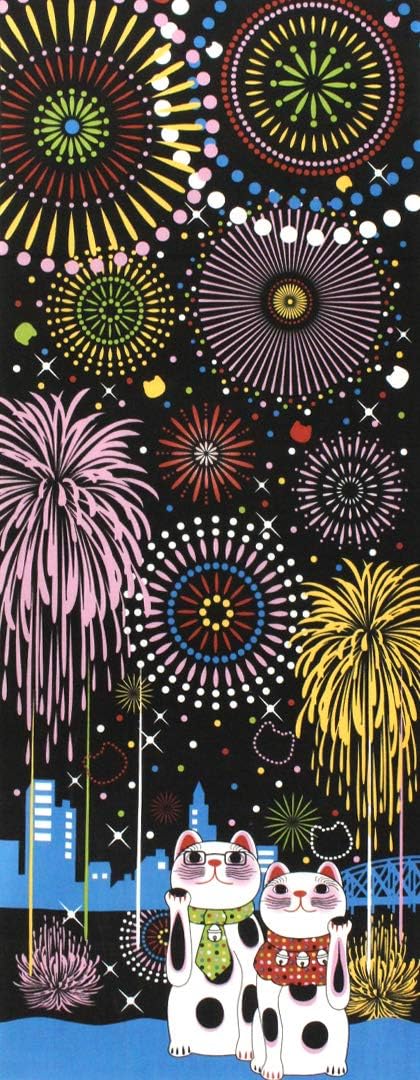 Yagisei Tenugui Lucky Cat Fireworks Festival Japan Handkerchief Cotton Towel