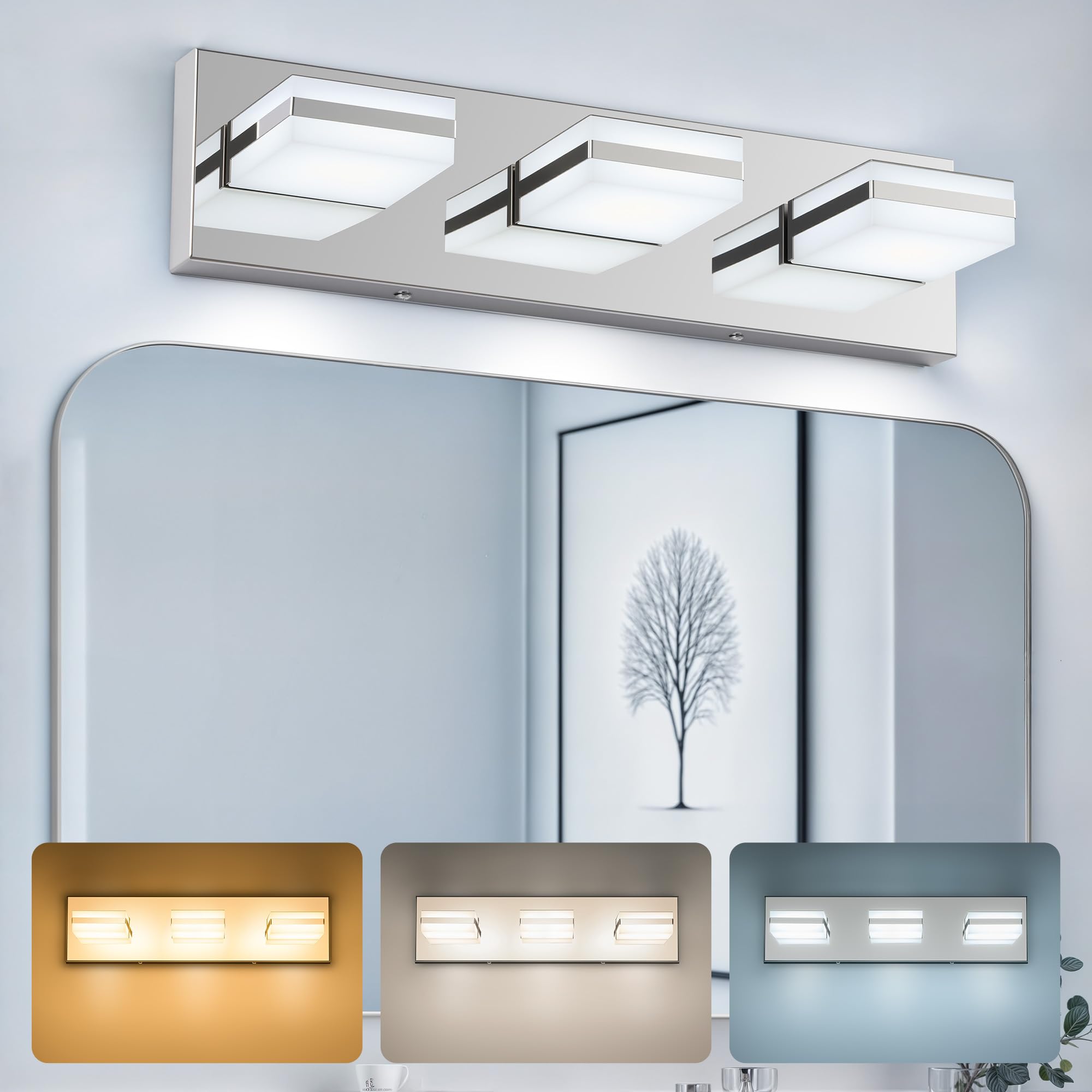 VONLUCE LED Bathroom Light Fixture, 3-Light Modern Vanity Light, Chrome