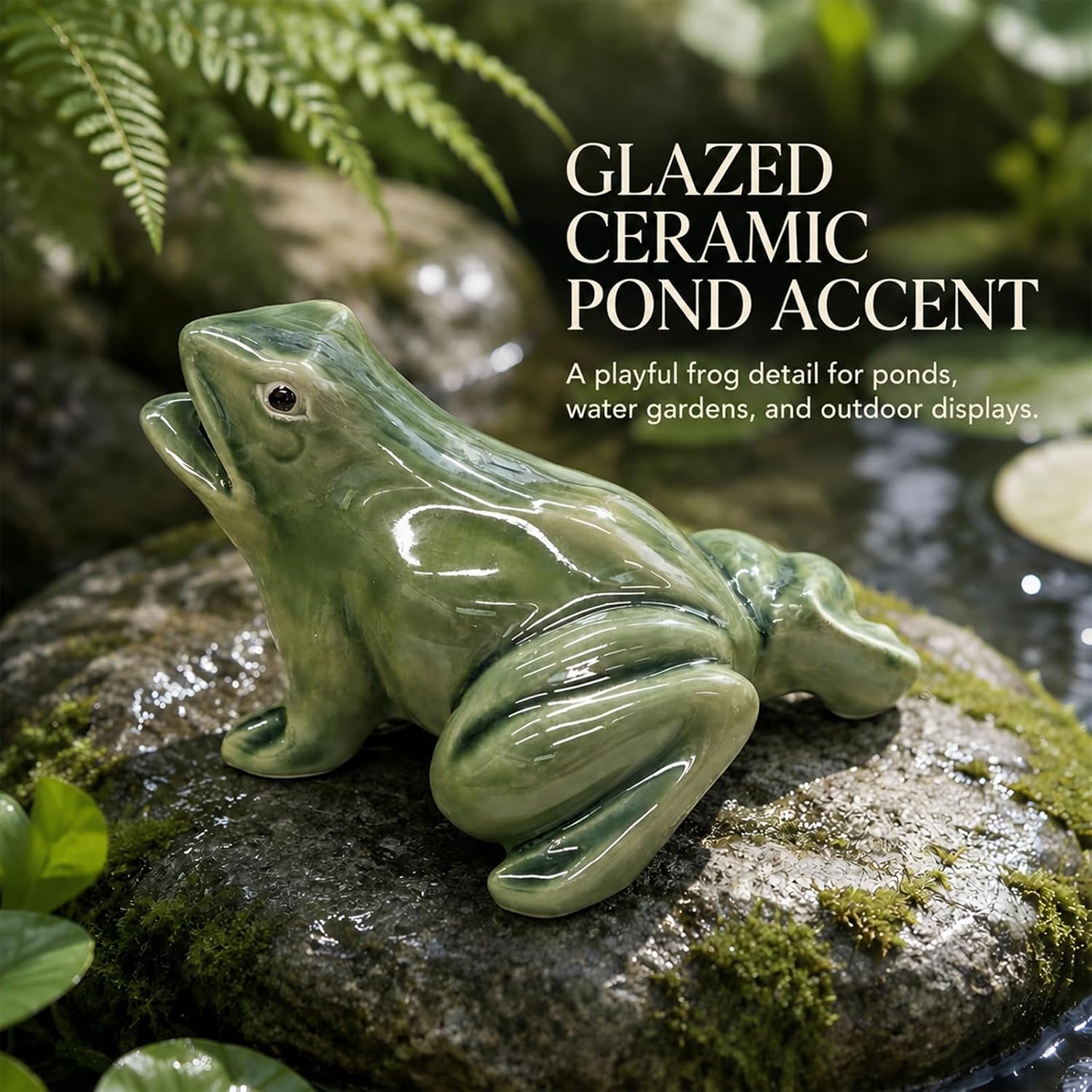 Ceramic Frog Fountain Ornament, Green Glazed Pond and Water Garden Decor