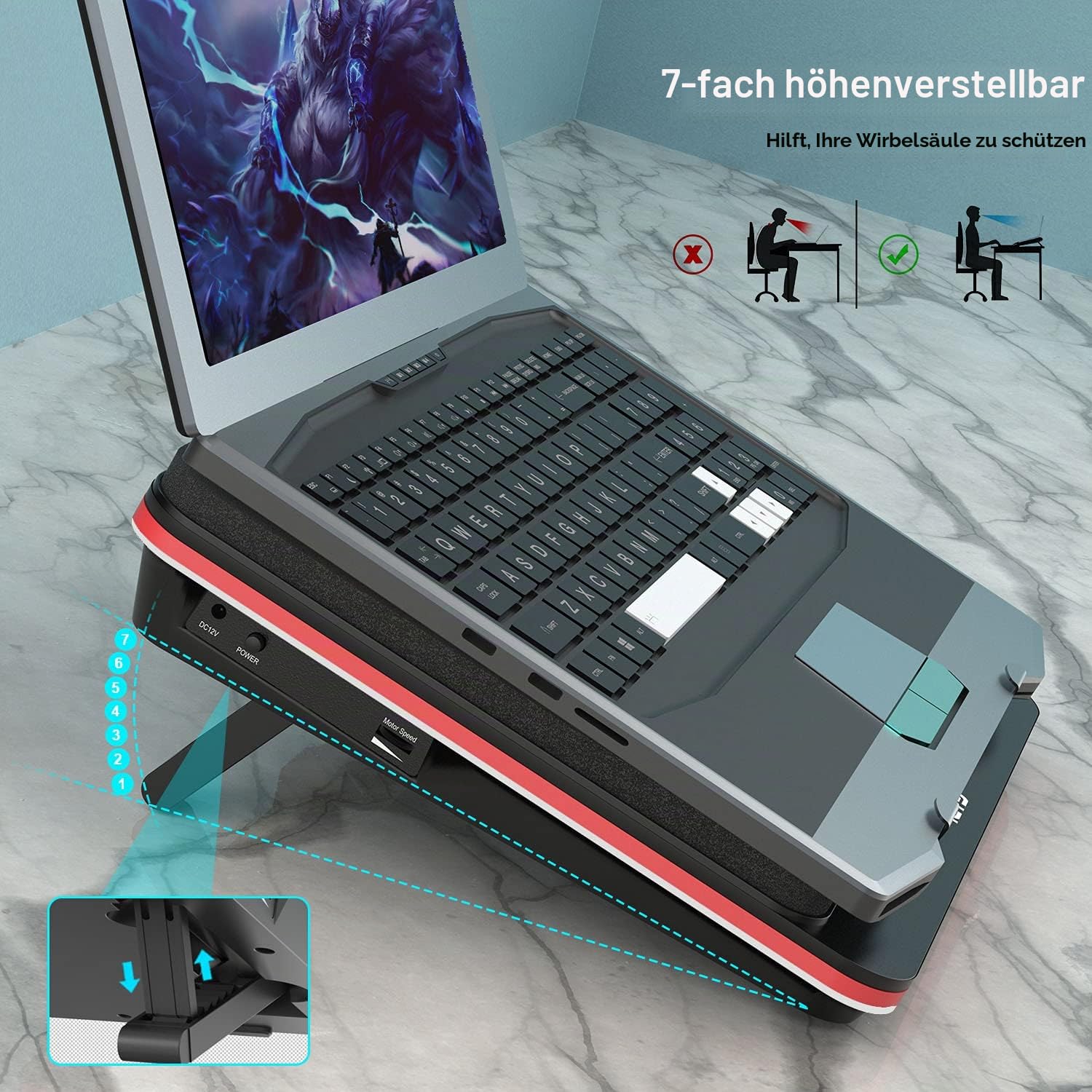 IETS, GT500 Leistungsstarker Turbo-Lüfter (5000 U/min) Laptop-Kühler mit stufenloser Geschwindigkeitsregelung, versiegeltem Schaumstoff für schnelle Kühlung von Gaming-Laptops, geeignet für Laptops