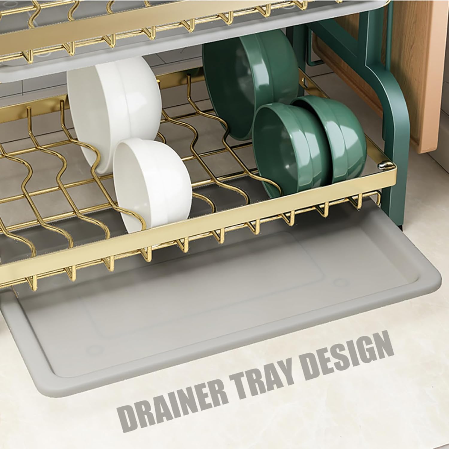 CAKERS Dish Drying Rack with Removable Drain Tray|Carbon Steel Dish Strainers for Kitchen Counter|Tableware Holder Dinnerware Drainer Organizer,Black Gold,2 Tier(Extra Long)-Main Shelf with Set