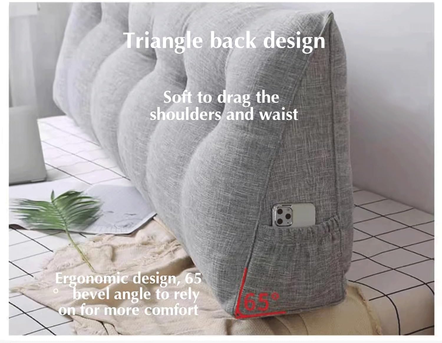 Large Headboard Pillow Triangular Wedge Reading Bed Rest Pillow Linen Cotton Bolster for Daybed Backrest Positioning Support Cushion with Removable Cover(Size:80x50x20cm,Color:G)
