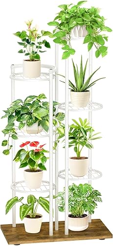 FLMOUTN Soporte alto de metal para plantas de 7 niveles y 8 macetas para interiores y exteriores, estante de esquina escalonado mejorado para