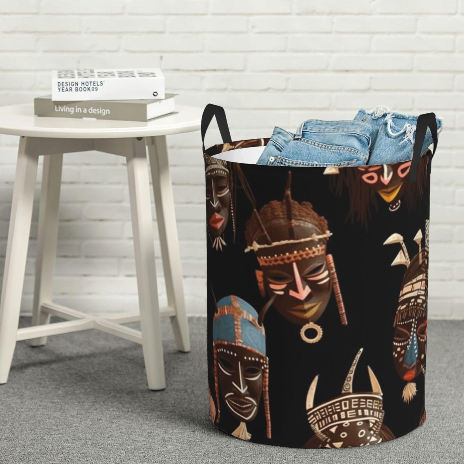 Fodpand Black African Ritual Ethnic Tribal Laundry Basket With Handle, Freestanding Laundry Hamper, Collapsible Dirty Clothes Hamper, Waterproof Fabric Blanket Storage Basket Tall Toy Storage Bin Room Decor Medium